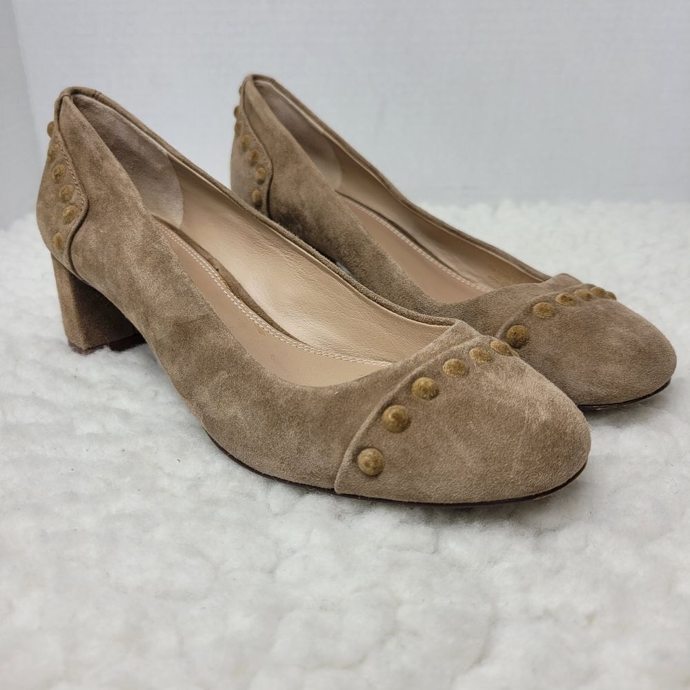 Tory Burch Womens Size 7 Colt Suede Covered Studs Block Heel Pump  River Rock